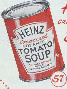 Illustration of a tin of Heinz Cream of Tomato Soup '57 varieties'