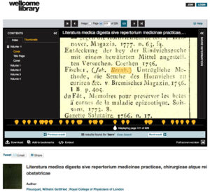 Screenshot of a IIIF viewer showing search results highlighted on a digitised historical text